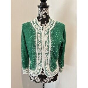 DOREEN LOK Vintage 60s Green Wool White Beads 3/4 Sleeves Cardigan Sweater 36/4